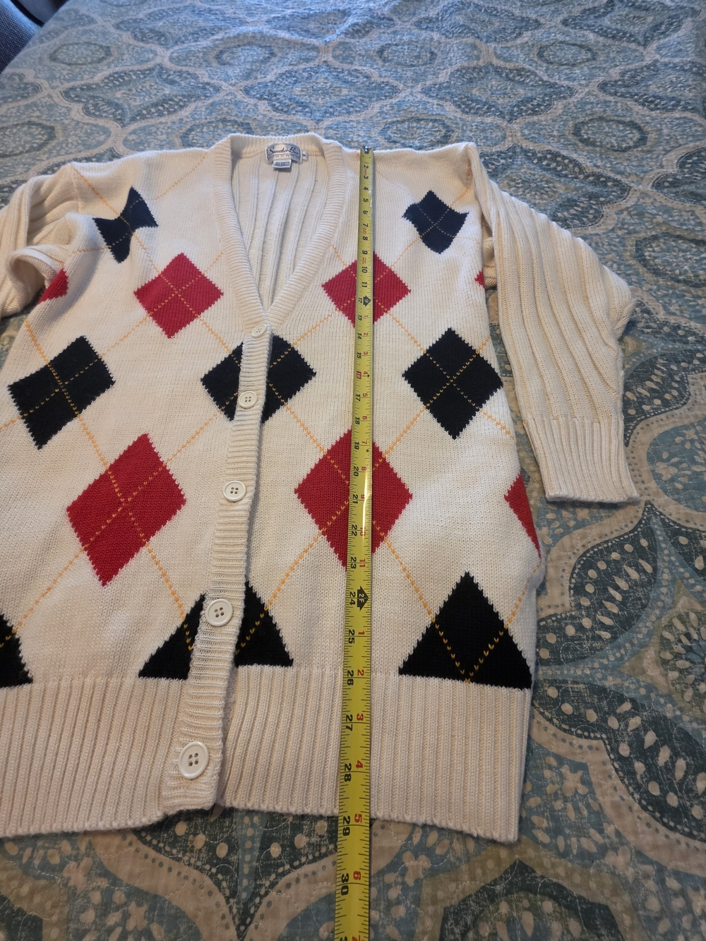 Vtg Wool Blend Argyle Cardigan Oversized Knit Small Grandpa Dark Academia Retro - Picture 9 of 11